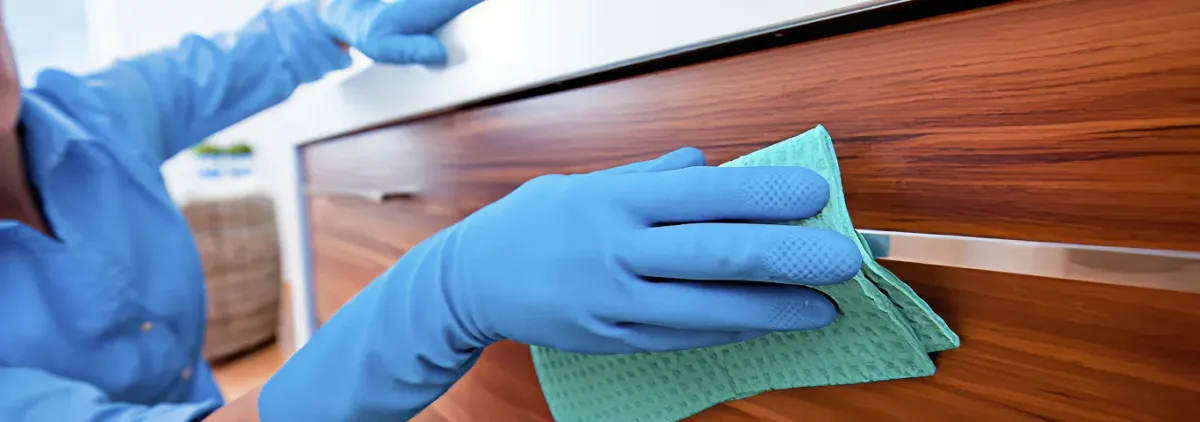 Cleaner wearing blue gloves wiping a wooden cabinet drawer with a microfiber cloth for dust and grime removal, Tucson, AZ.